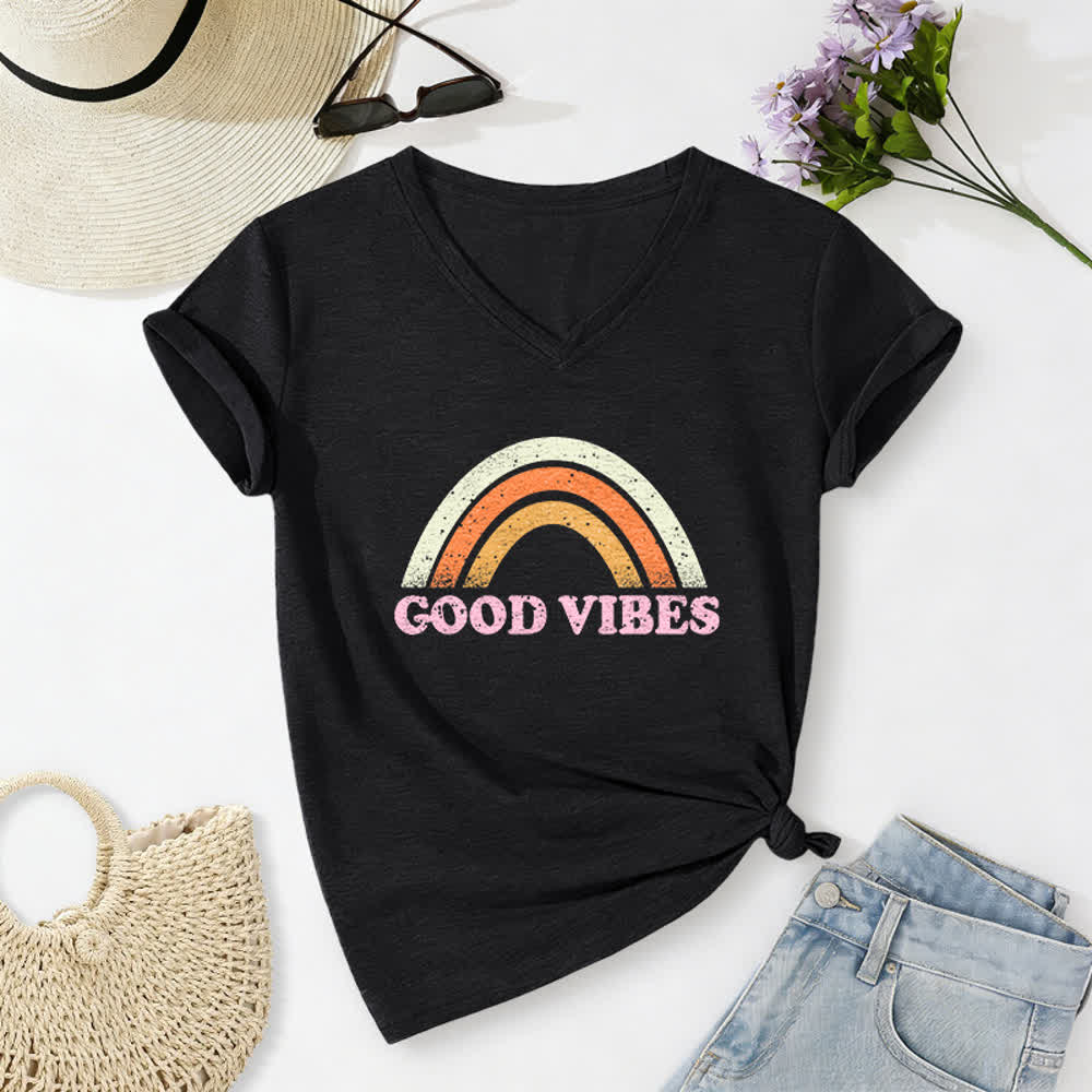 Christianartworkshop Good Vibes Retro Rainbow Heather Womens V Neck Tee - Black - 2XL - image 14