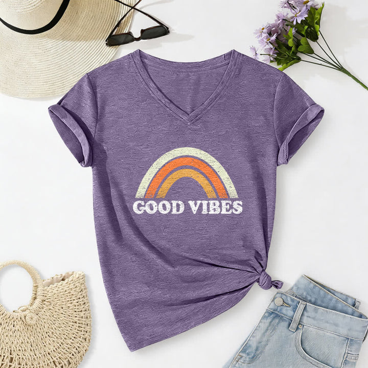 Christianartworkshop Good Vibes Retro Rainbow Heather Womens V Neck Tee - Purple - 2XL - image 0