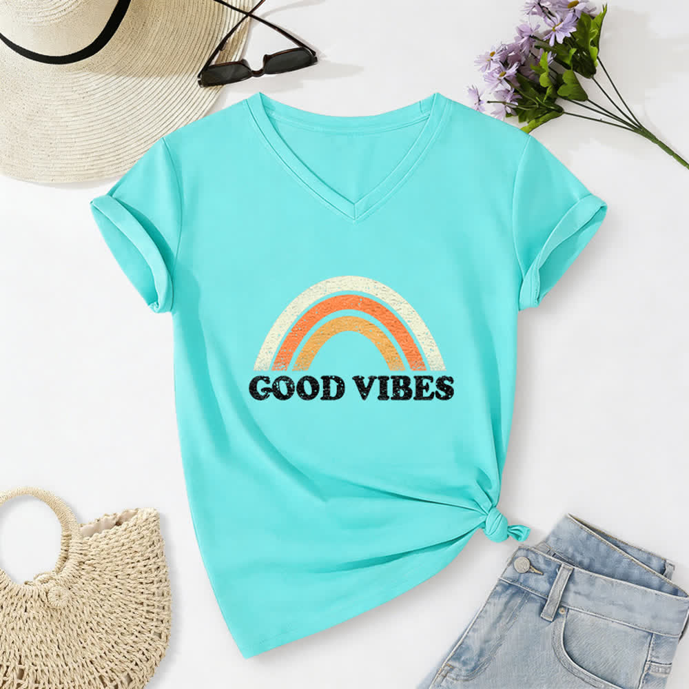 Christianartworkshop Good Vibes Retro Rainbow Heather Womens V Neck Tee - Blue - 2XL - image 19