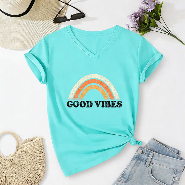 Christianartworkshop Good Vibes Retro Rainbow Heather Womens V Neck Tee - Blue - 2XL - image 19