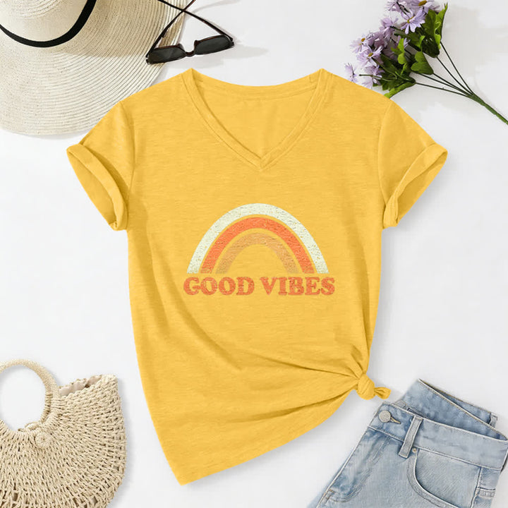 Christianartworkshop Good Vibes Retro Rainbow Heather Womens V Neck Tee - Yellow - 2XL - image 22