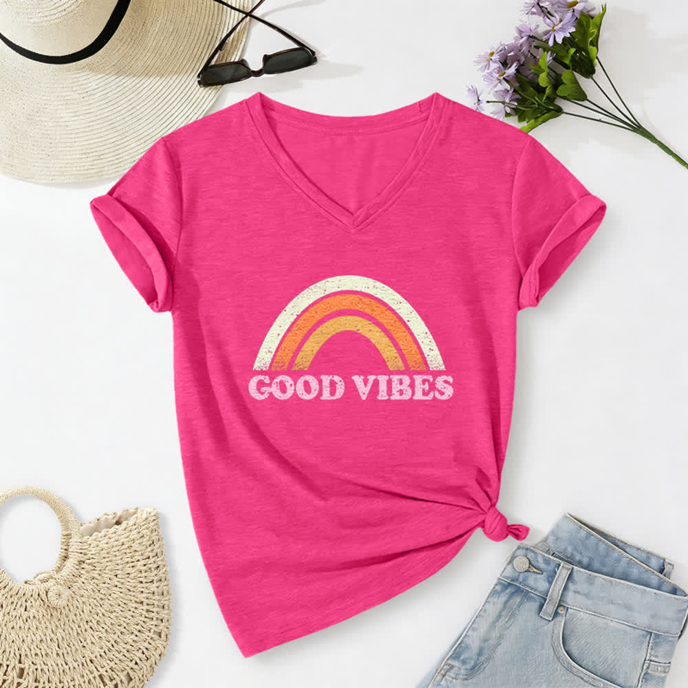 Christianartworkshop Good Vibes Retro Rainbow Heather Womens V Neck Tee - image 24