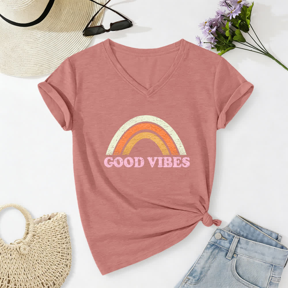 Christianartworkshop Good Vibes Retro Rainbow Heather Womens V Neck Tee - Pink - 2XL - image 18