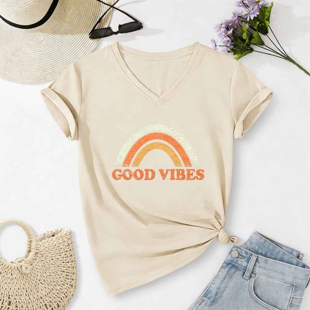 Christianartworkshop Good Vibes Retro Rainbow Heather Womens V Neck Tee - Beige - 2XL - image 2