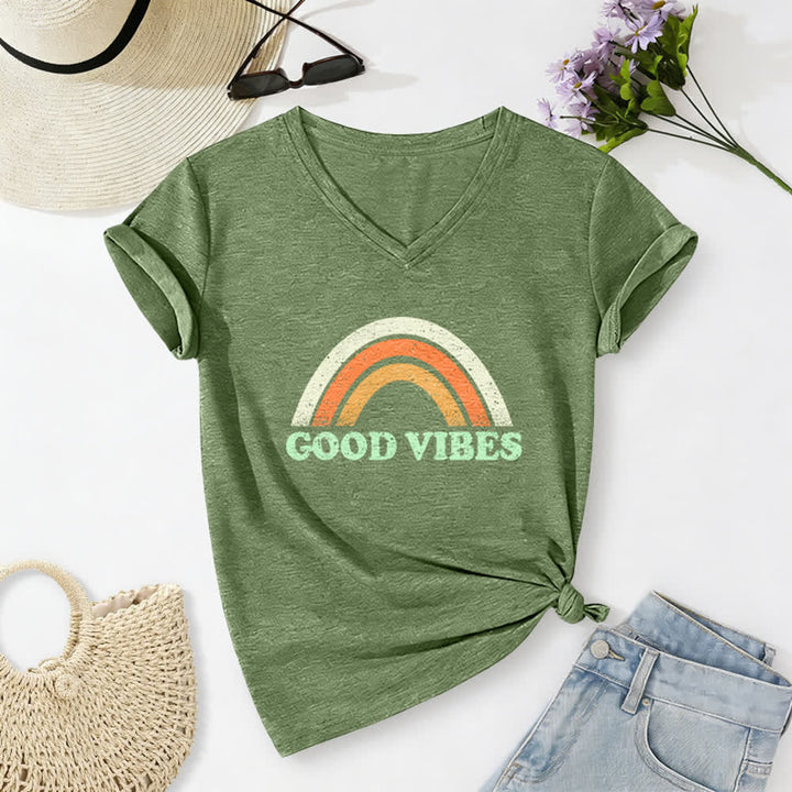 Christianartworkshop Good Vibes Retro Rainbow Heather Womens V Neck Tee - image 9