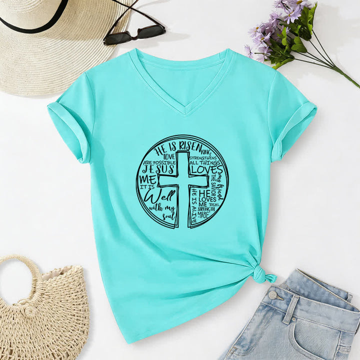 Christianartworkshop Faith Cross Circle Graphic Soft Cotton Womens V Neck Tee - Blue - 2XL - image 0