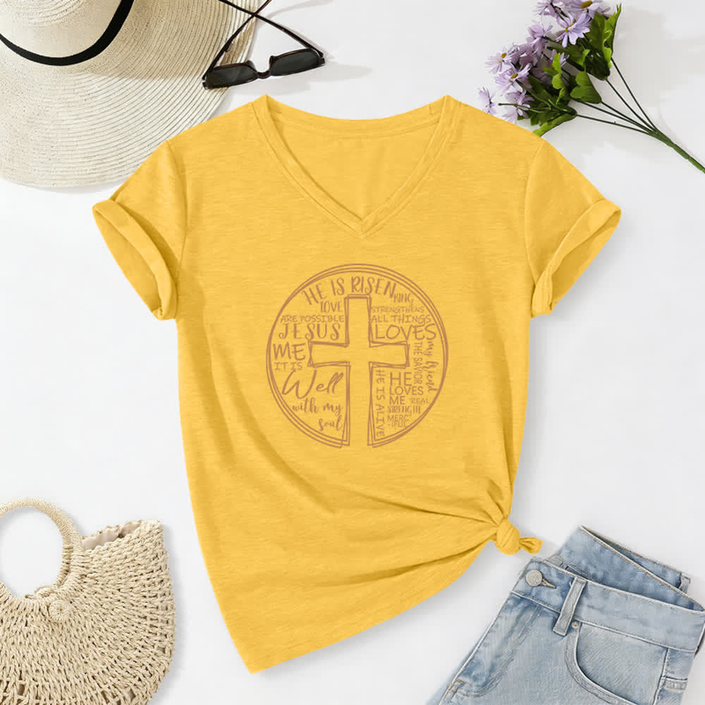 Christianartworkshop Faith Cross Circle Graphic Soft Cotton Womens V Neck Tee - Yellow - 2XL - image 24