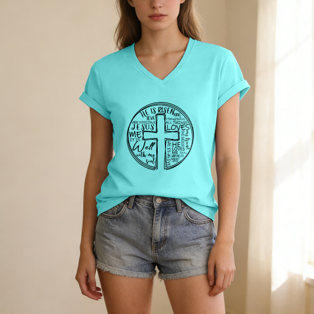 Christianartworkshop Faith Cross Circle Graphic Soft Cotton Womens V Neck Tee - image 1