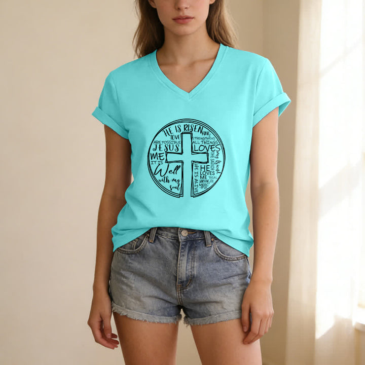Christianartworkshop Faith Cross Circle Graphic Soft Cotton Womens V Neck Tee - image 1