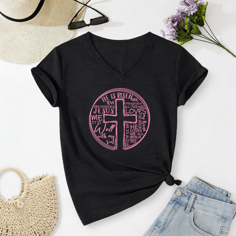 Christianartworkshop Faith Cross Circle Graphic Soft Cotton Womens V Neck Tee - Black - 2XL - image 14