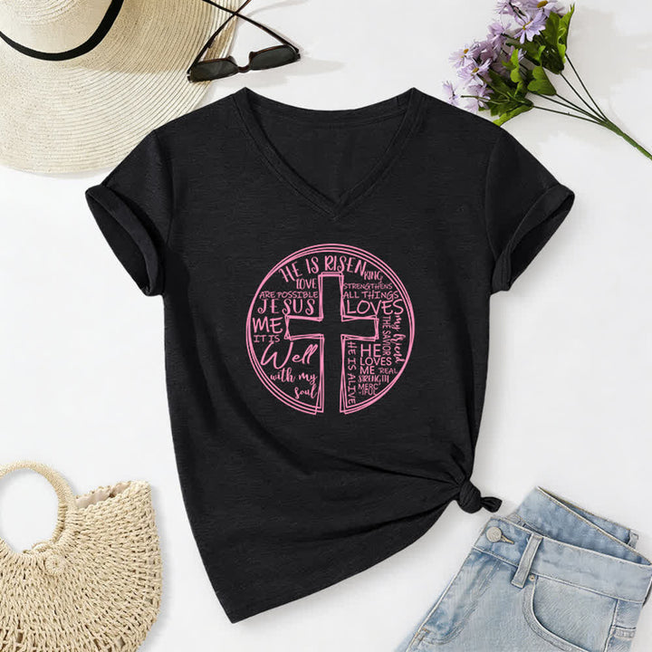 Christianartworkshop Faith Cross Circle Graphic Soft Cotton Womens V Neck Tee - Black - 2XL - image 14