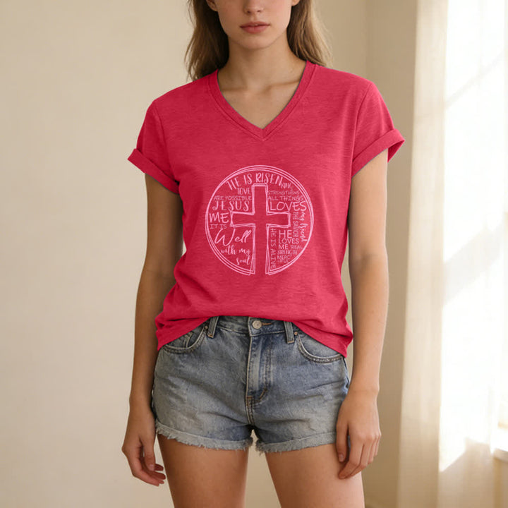 Christianartworkshop Faith Cross Circle Graphic Soft Cotton Womens V Neck Tee - Pink - 2XL - image 17