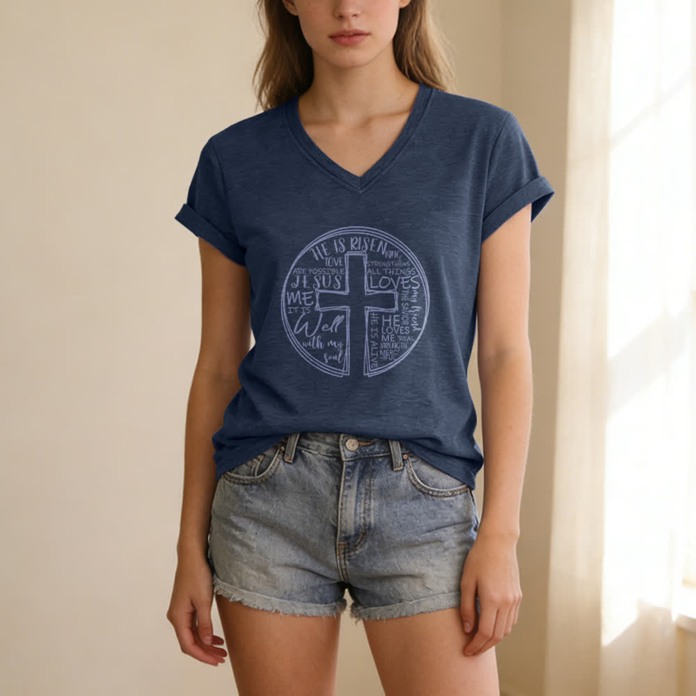 Christianartworkshop Faith Cross Circle Graphic Soft Cotton Womens V Neck Tee - image 11