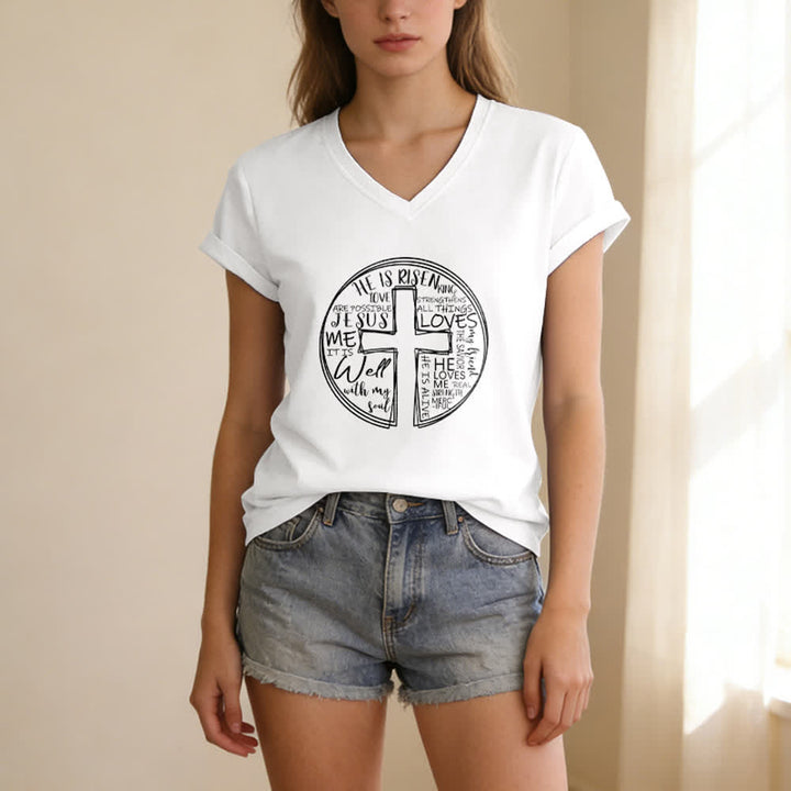 Christianartworkshop Faith Cross Circle Graphic Soft Cotton Womens V Neck Tee - White - 2XL - image 4
