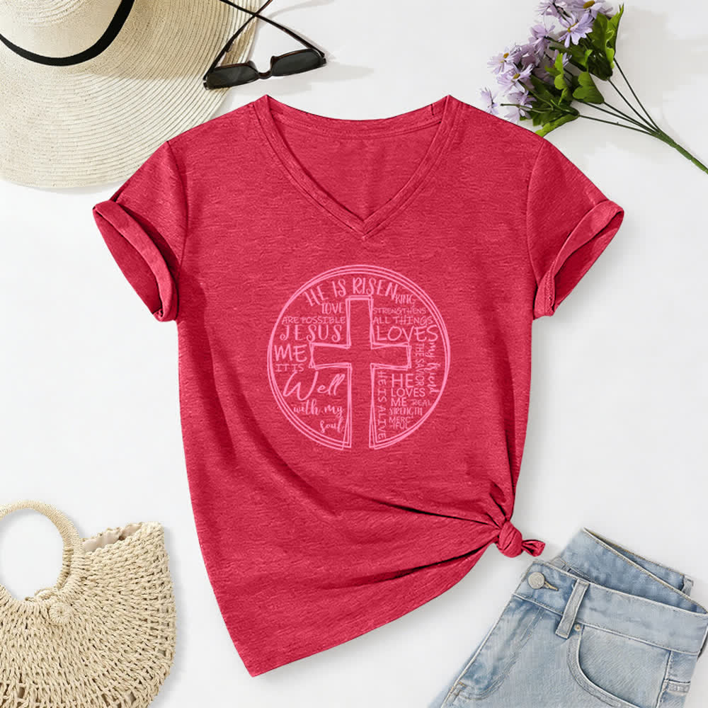 Christianartworkshop Faith Cross Circle Graphic Soft Cotton Womens V Neck Tee - Red - 2XL - image 16