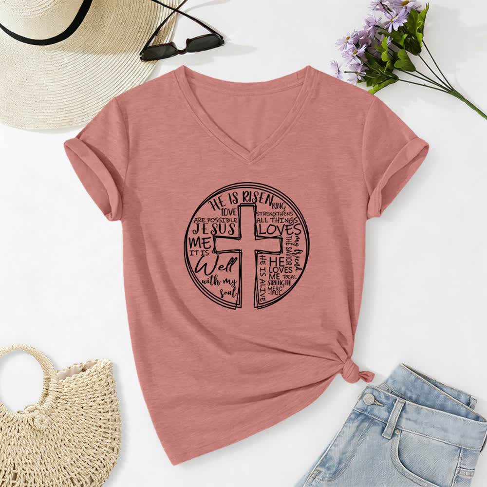 Christianartworkshop Faith Cross Circle Graphic Soft Cotton Womens V Neck Tee - image 20