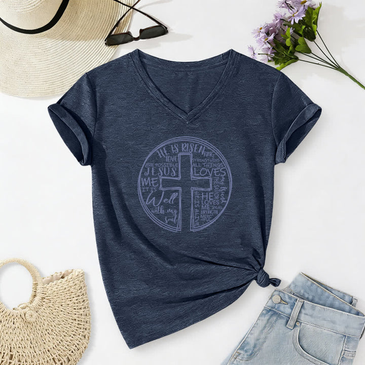 Christianartworkshop Faith Cross Circle Graphic Soft Cotton Womens V Neck Tee - Navy - 2XL - image 10