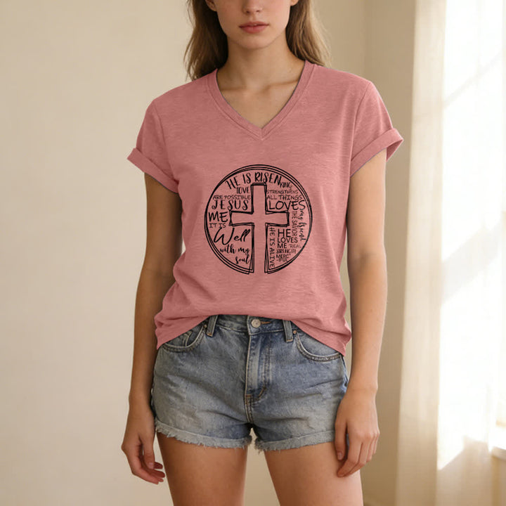 Christianartworkshop Faith Cross Circle Graphic Soft Cotton Womens V Neck Tee - image 21
