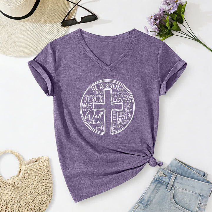 Christianartworkshop Faith Cross Circle Graphic Soft Cotton Womens V Neck Tee - Purple - 2XL - image 18