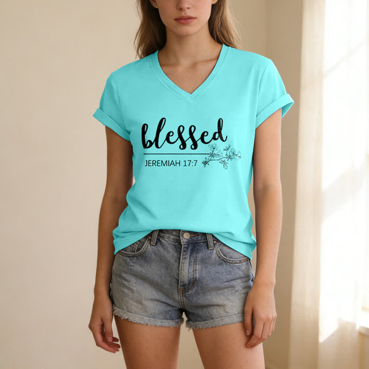 Christianartworkshop Blessed Jeremiah 17:7 Floral Navy Women’s V Neck Tee - image 21