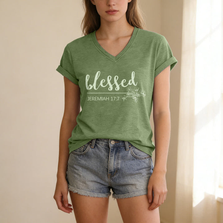 Christianartworkshop Blessed Jeremiah 17:7 Floral Navy Women’s V Neck Tee - image 9