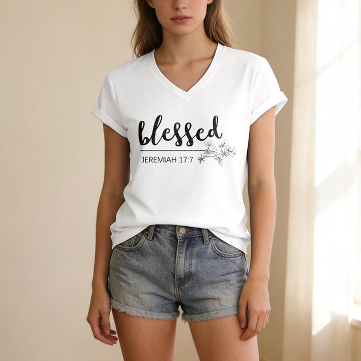 Christianartworkshop Blessed Jeremiah 17:7 Floral Navy Women’s V Neck Tee - image 5