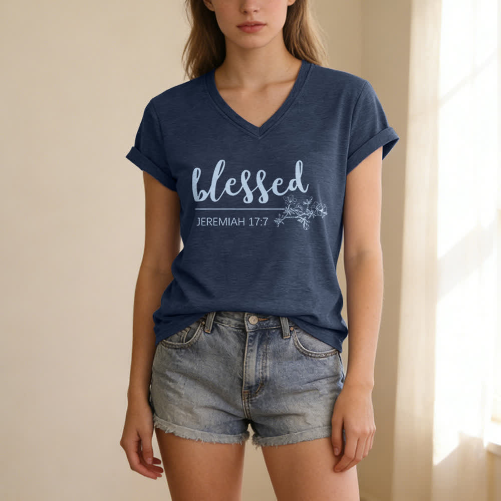 Christianartworkshop Blessed Jeremiah 17:7 Floral Navy Women’s V Neck Tee - image 1