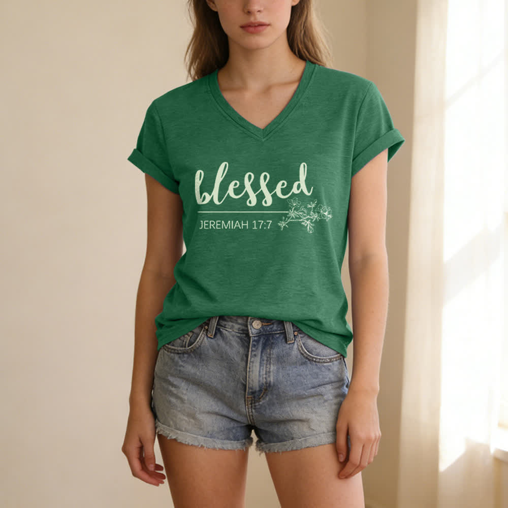 Christianartworkshop Blessed Jeremiah 17:7 Floral Navy Women’s V Neck Tee - image 11