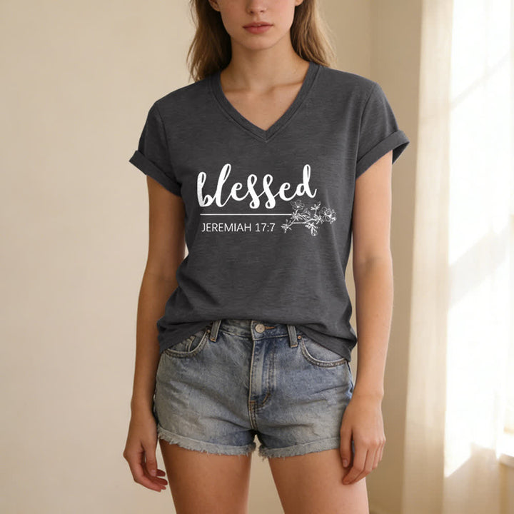 Christianartworkshop Blessed Jeremiah 17:7 Floral Navy Women’s V Neck Tee - image 7