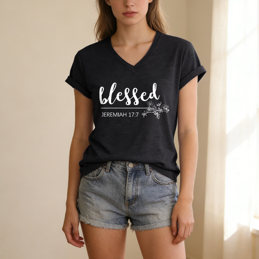 Christianartworkshop Blessed Jeremiah 17:7 Floral Navy Women’s V Neck Tee - image 13