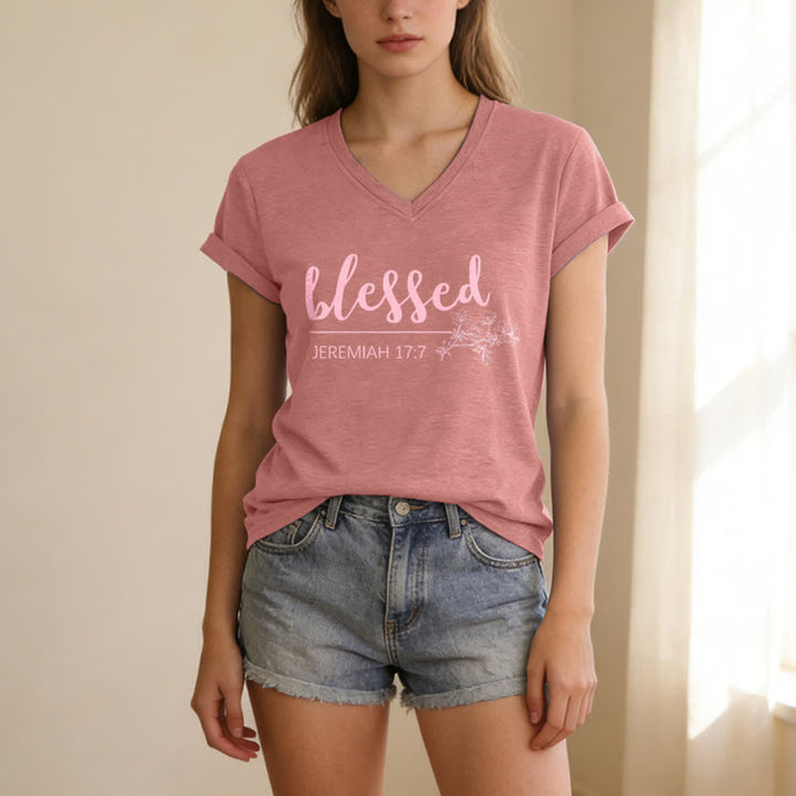 Christianartworkshop Blessed Jeremiah 17:7 Floral Navy Women’s V Neck Tee - image 19