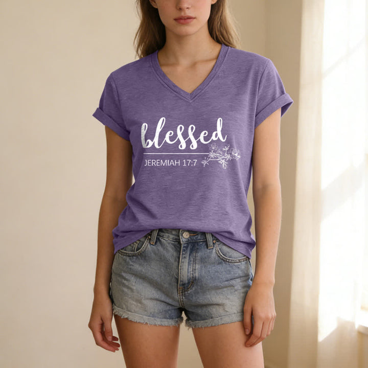 Christianartworkshop Blessed Jeremiah 17:7 Floral Navy Women’s V Neck Tee - image 17