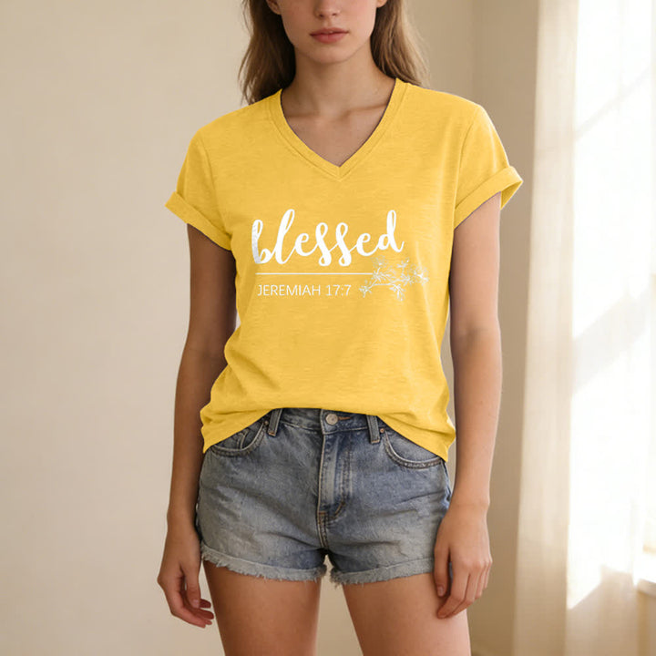 Christianartworkshop Blessed Jeremiah 17:7 Floral Navy Women’s V Neck Tee - image 25