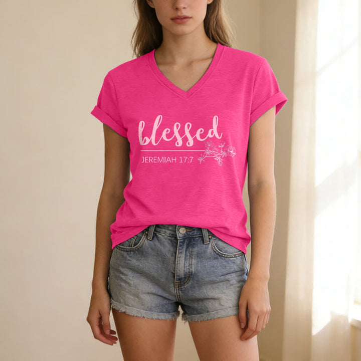 Christianartworkshop Blessed Jeremiah 17:7 Floral Navy Women’s V Neck Tee - image 23