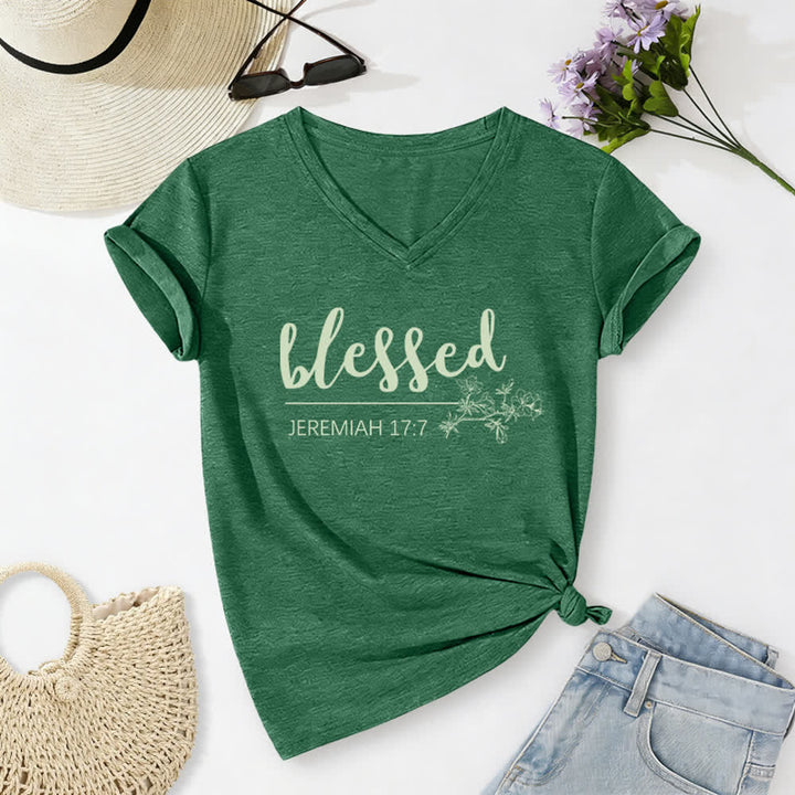 Christianartworkshop Blessed Jeremiah 17:7 Floral Navy Women’s V Neck Tee - image 10