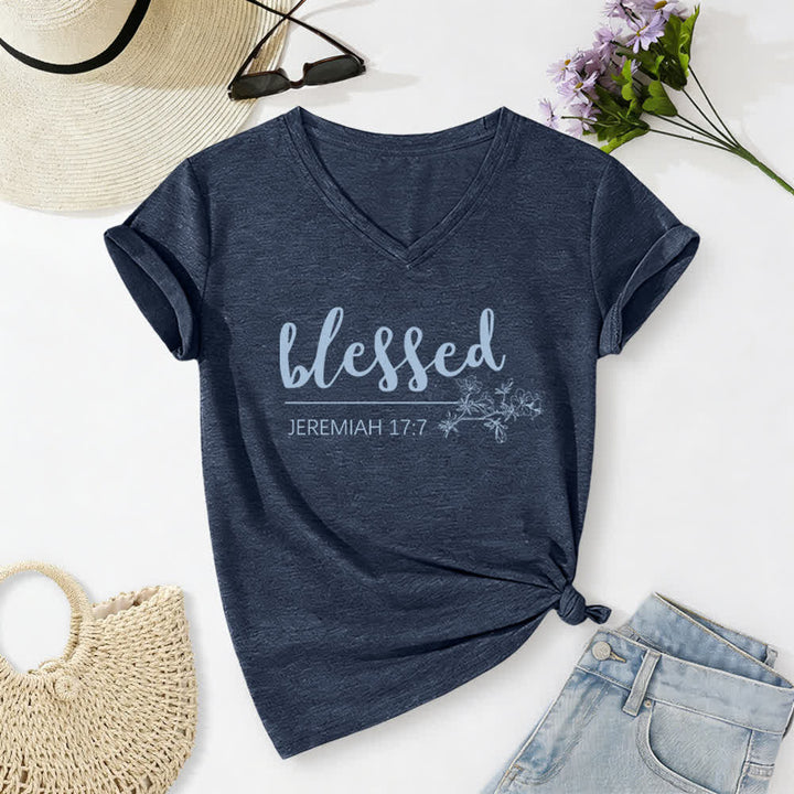 Christianartworkshop Blessed Jeremiah 17:7 Floral Navy Women’s V Neck Tee - Navy - 2XL - image 0