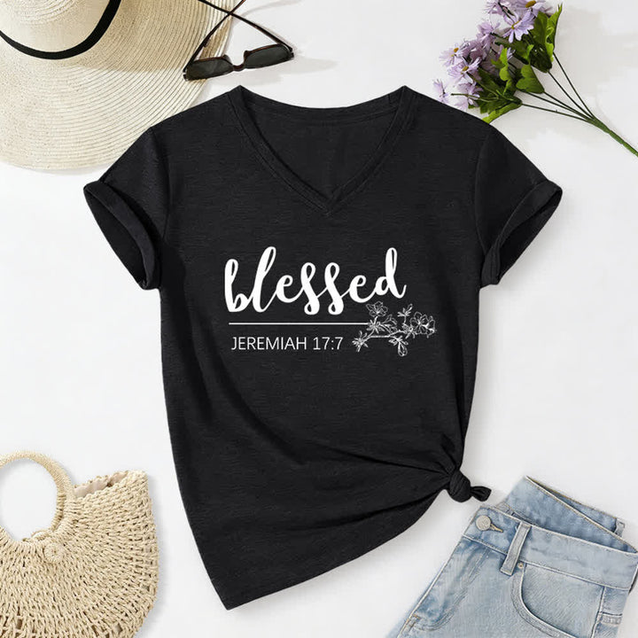 Christianartworkshop Blessed Jeremiah 17:7 Floral Navy Women’s V Neck Tee - Black - 2XL - image 12