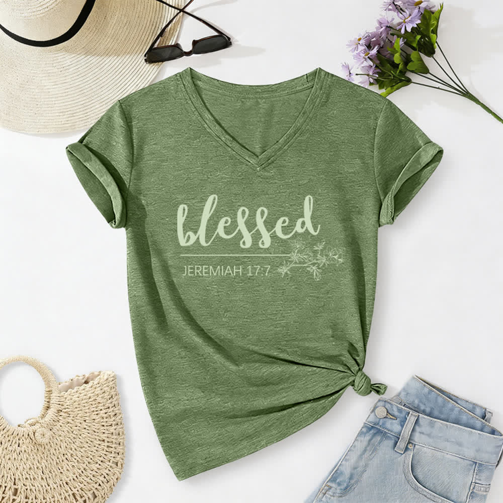 Christianartworkshop Blessed Jeremiah 17:7 Floral Navy Women’s V Neck Tee - Green - 2XL - image 8