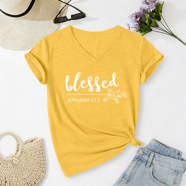 Christianartworkshop Blessed Jeremiah 17:7 Floral Navy Women’s V Neck Tee - Yellow - 2XL - image 24