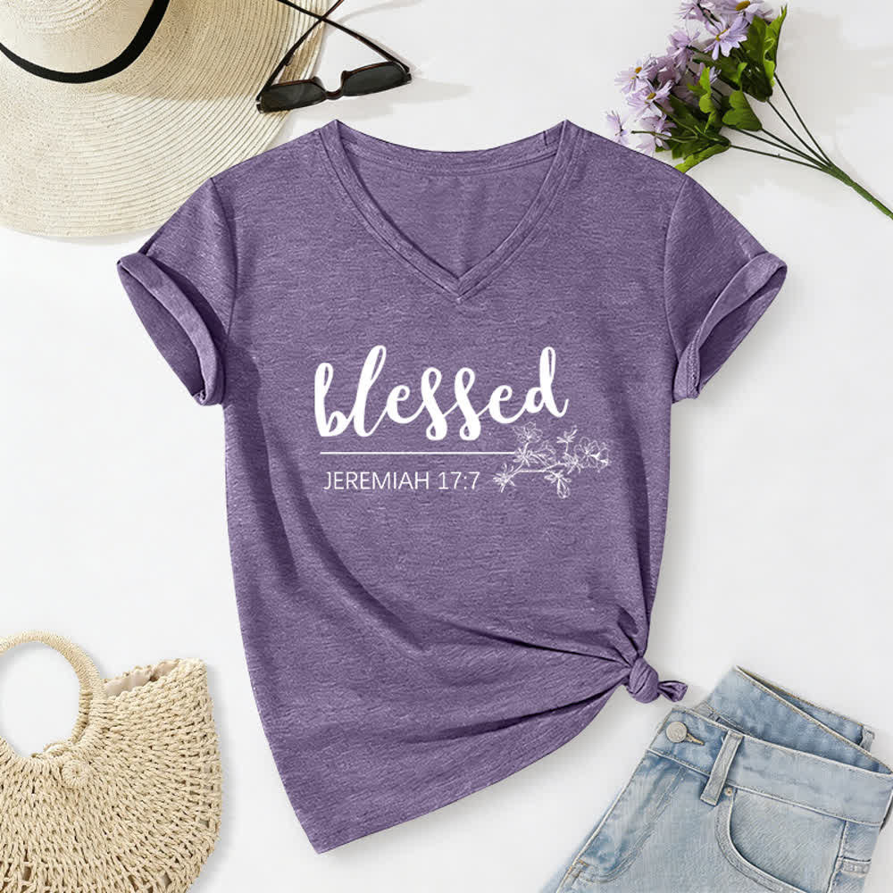 Christianartworkshop Blessed Jeremiah 17:7 Floral Navy Women’s V Neck Tee - Purple - 2XL - image 16