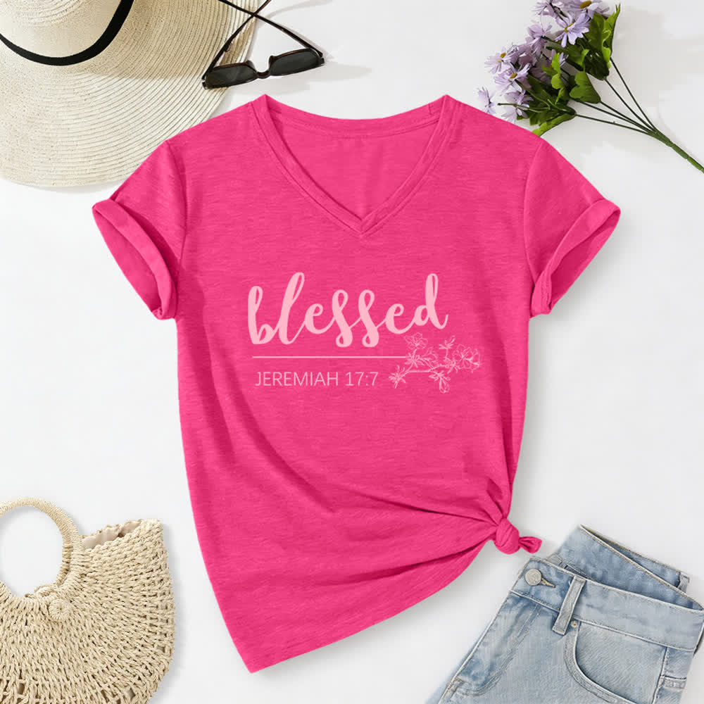 Christianartworkshop Blessed Jeremiah 17:7 Floral Navy Women’s V Neck Tee - image 22