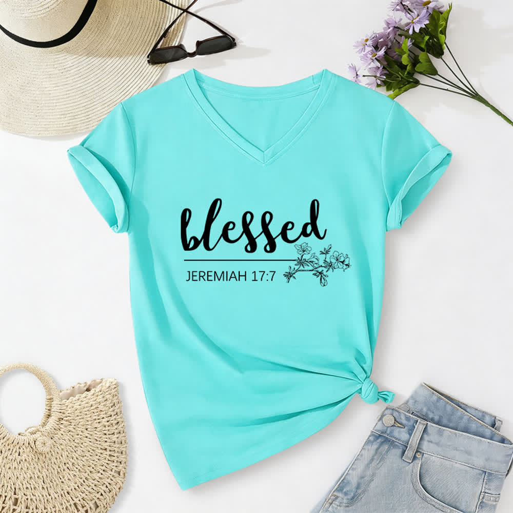 Christianartworkshop Blessed Jeremiah 17:7 Floral Navy Women’s V Neck Tee - Blue - 2XL - image 20