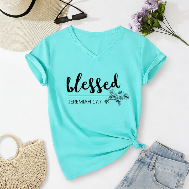 Christianartworkshop Blessed Jeremiah 17:7 Floral Navy Women’s V Neck Tee - Blue - 2XL - image 20
