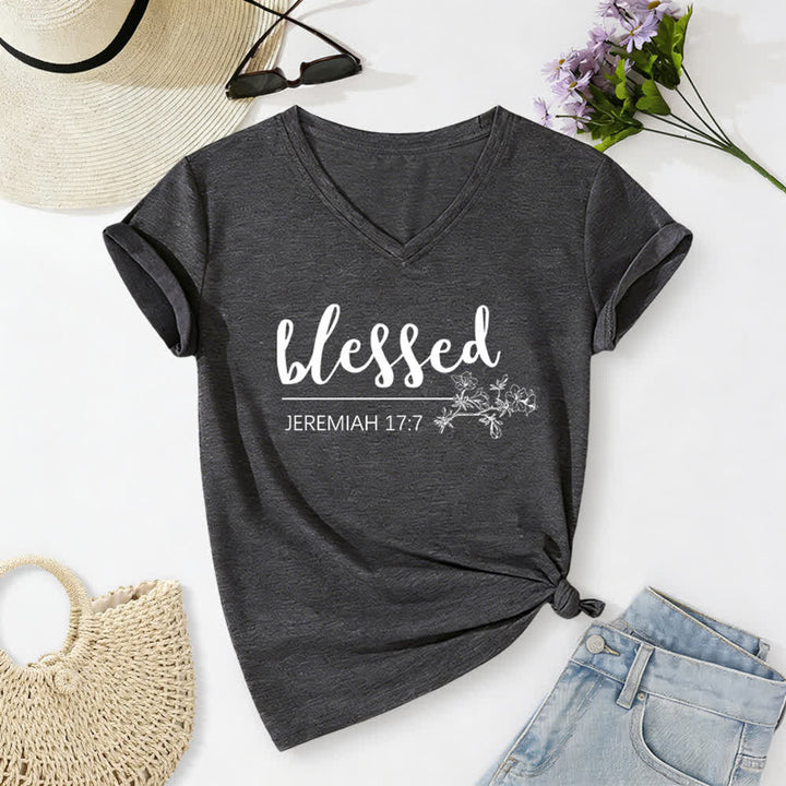 Christianartworkshop Blessed Jeremiah 17:7 Floral Navy Women’s V Neck Tee - Gray - 2XL - image 6