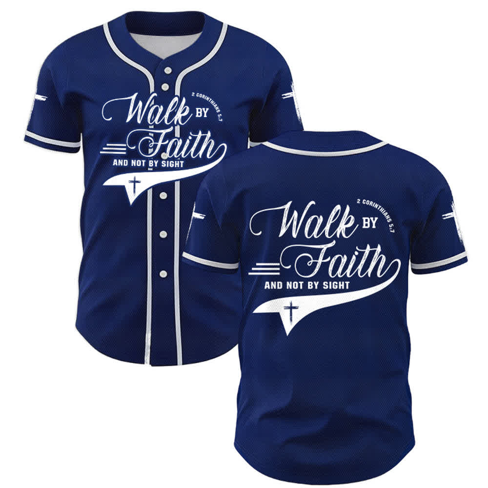 Christianartworkshop 2 Corinthians 5:7 “Walk By Faith And Not By Sight” Cross Statement Baseball Jersey - Navy Blue - 5XL - image 0
