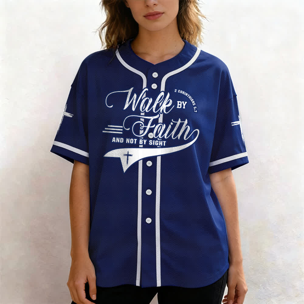 Christianartworkshop 2 Corinthians 5:7 “Walk By Faith And Not By Sight” Cross Statement Baseball Jersey - image 5