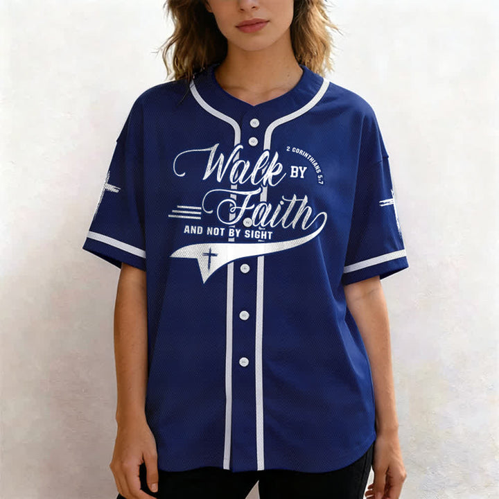 Christianartworkshop 2 Corinthians 5:7 “Walk By Faith And Not By Sight” Cross Statement Baseball Jersey - image 5