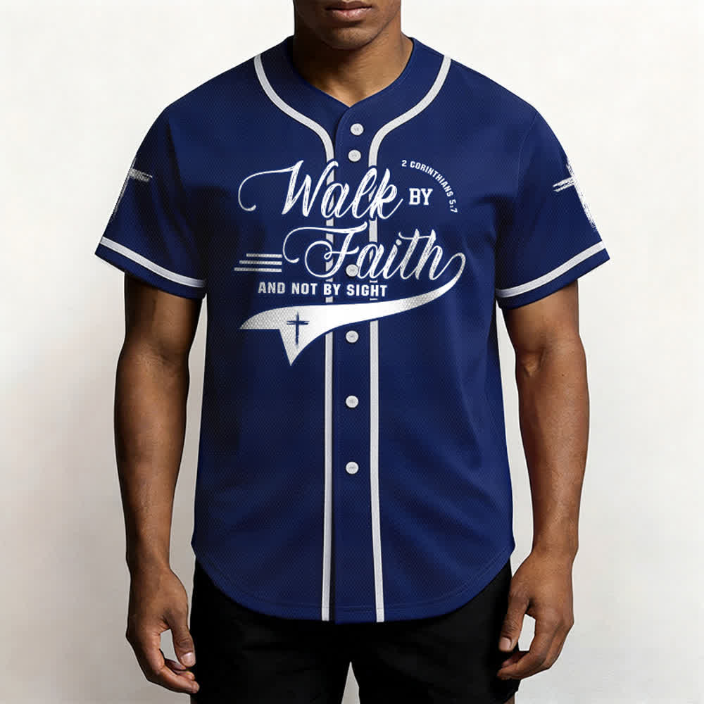 Christianartworkshop 2 Corinthians 5:7 “Walk By Faith And Not By Sight” Cross Statement Baseball Jersey - image 3