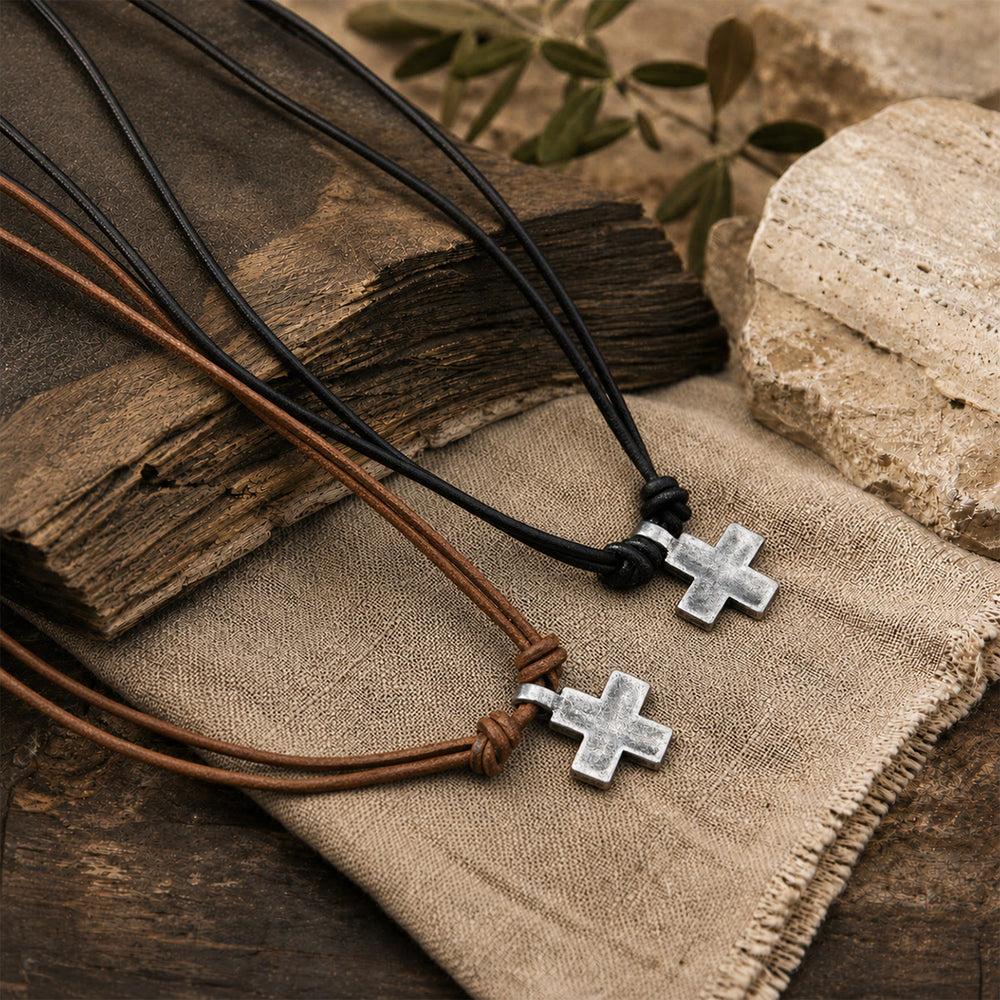 Christianartworkshop Vintage Aged Cross Leather Cord Necklace: Token of Abiding Heavenly Grace - image 1