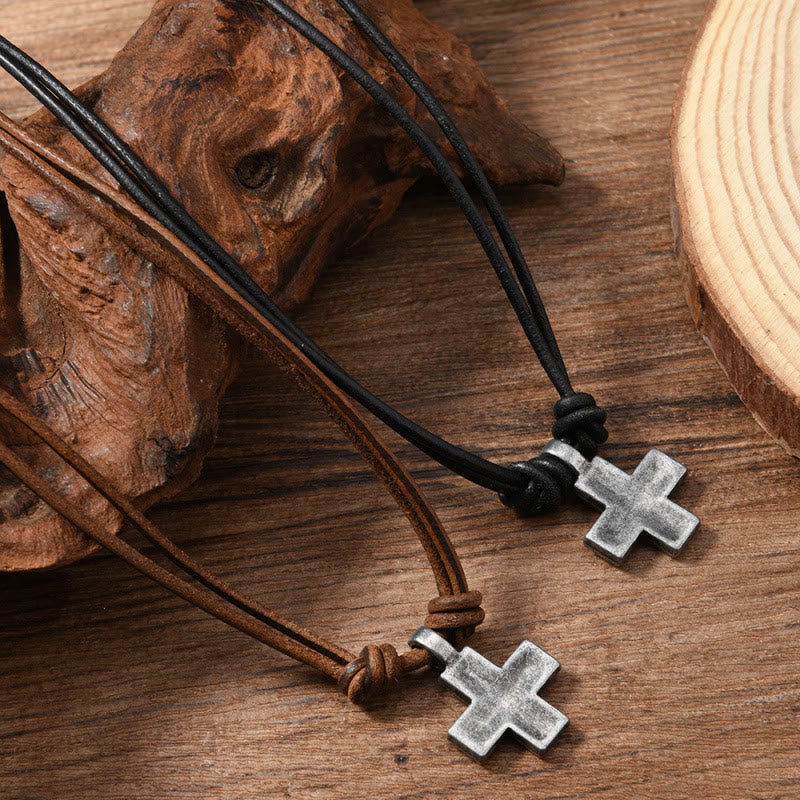 Christianartworkshop Vintage Aged Cross Leather Cord Necklace: Token of Abiding Heavenly Grace - Brown - image 0